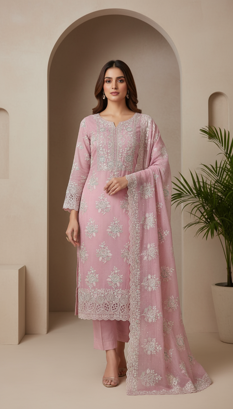 Luxury Pale Pink Embroidered Cotton 3-Piece Pakistani Suit with Silver Zari Work